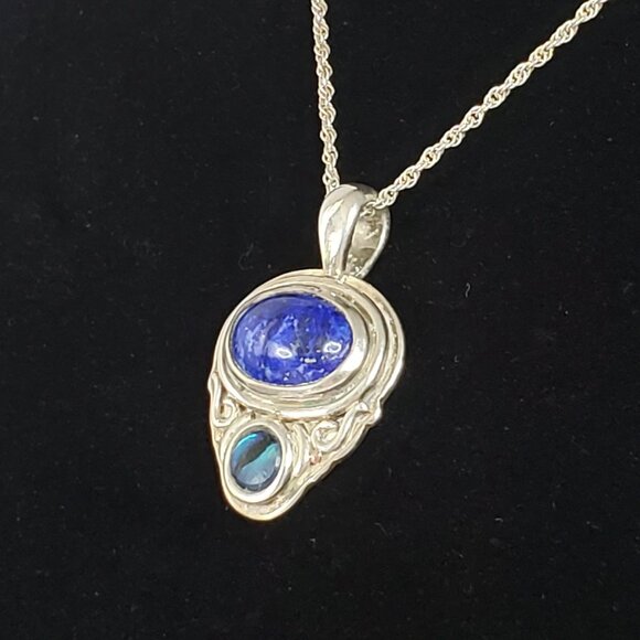 JC Sterling Silver 925 Blue Lapis Lazuli & Opal Pendant Necklace 18" Chain - Picture 7 of 16
